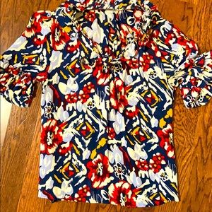 Anthropologie Odille blue/red/yellow ruffled S top